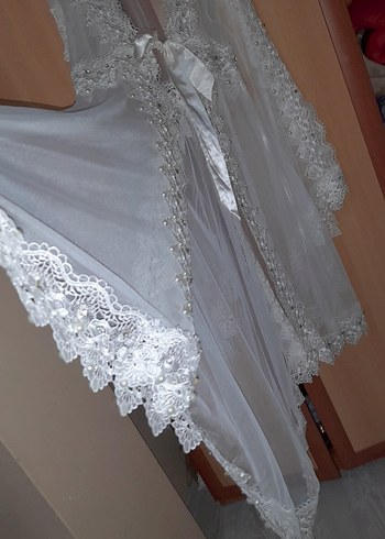 Uzun Beyaz Nakışlı Bohem Kadın Sabahlık taşlı - Görsel 4