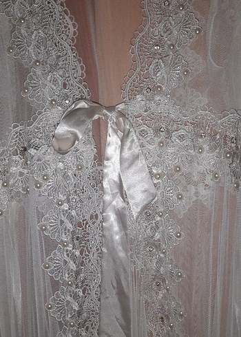 Uzun Beyaz Nakışlı Bohem Kadın Sabahlık taşlı - Görsel 9