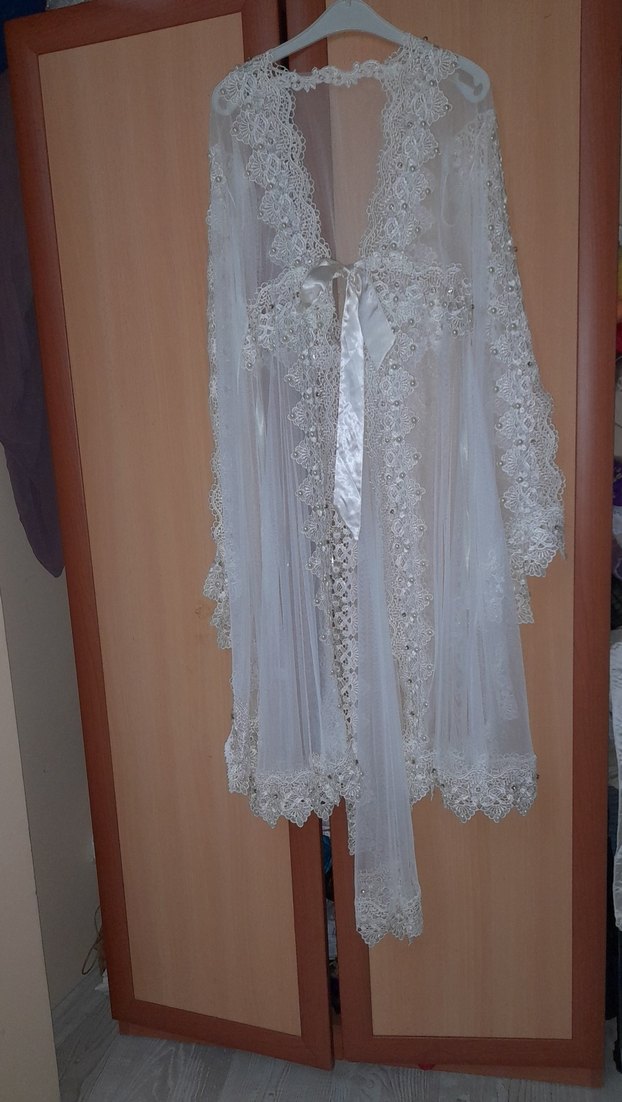 Uzun Beyaz Nakışlı Bohem Kadın Sabahlık taşlı - Görsel 3