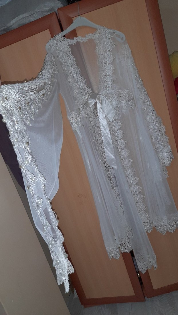 Uzun Beyaz Nakışlı Bohem Kadın Sabahlık taşlı - Görsel 2