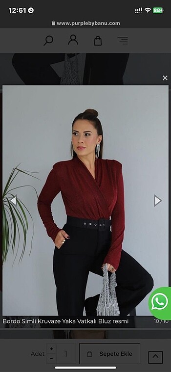 Bordo Simli Kruvaze Yaka Vatkalı Bluz