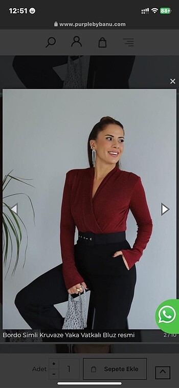 36 Beden Bordo Simli Kruvaze Yaka Vatkalı Bluz