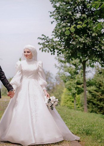 s Beden Uzun Kollu, Yüksek Yakalı Beyaz Prenses Gelinlik