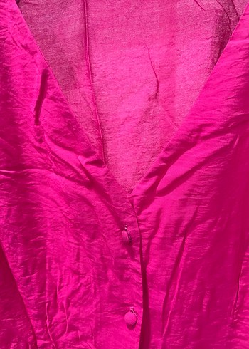 Düğmeli Mini V Yaka Keten Kadın Bluz - Görsel 4