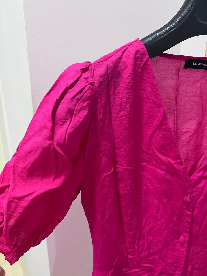 Düğmeli Mini V Yaka Keten Kadın Bluz - Görsel 2