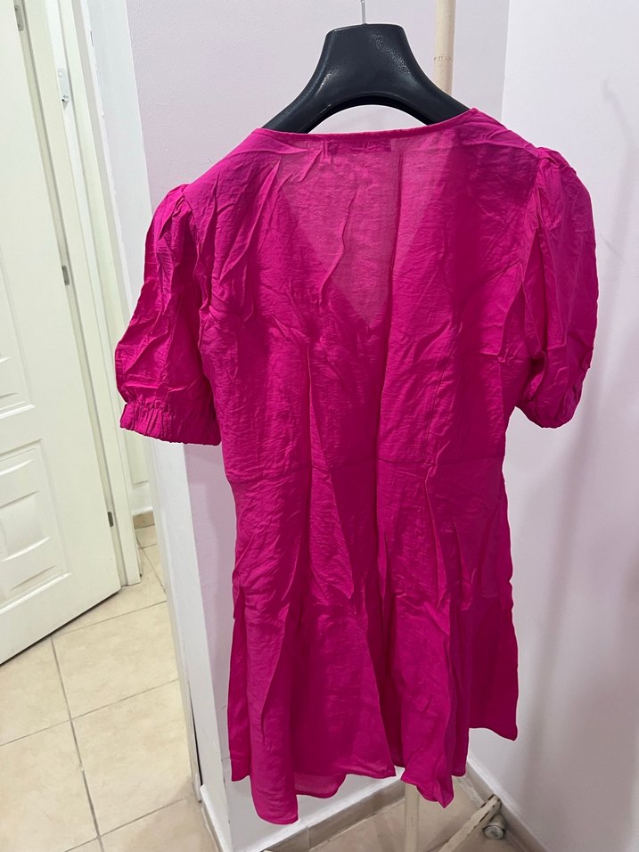 Düğmeli Mini V Yaka Keten Kadın Bluz - Görsel 3