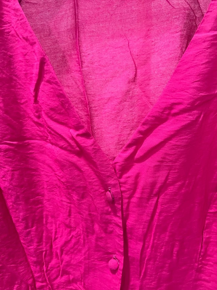 Düğmeli Mini V Yaka Keten Kadın Bluz - Görsel 4