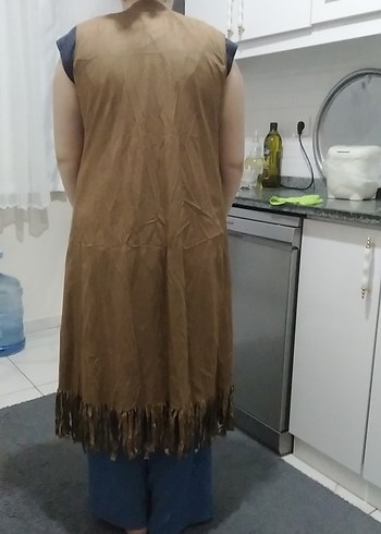 Kahverengi Süet Püsküllü Midi Yelek