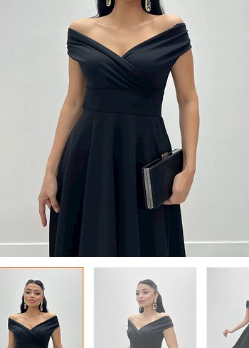 abiye siyah kayık yaka elbise - Görsel 3