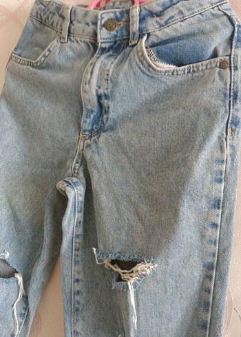 Kadın Pastel Mavi Yırtık Bol Kesim Denim Pantolon - Görsel 2