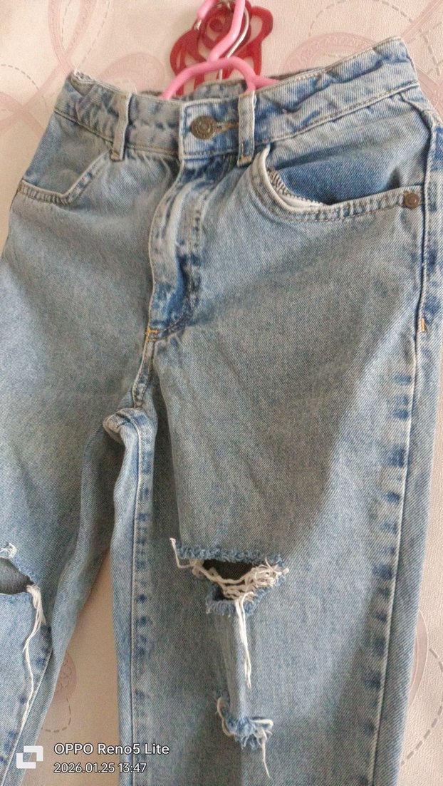 Kadın Pastel Mavi Yırtık Bol Kesim Denim Pantolon - Görsel 2