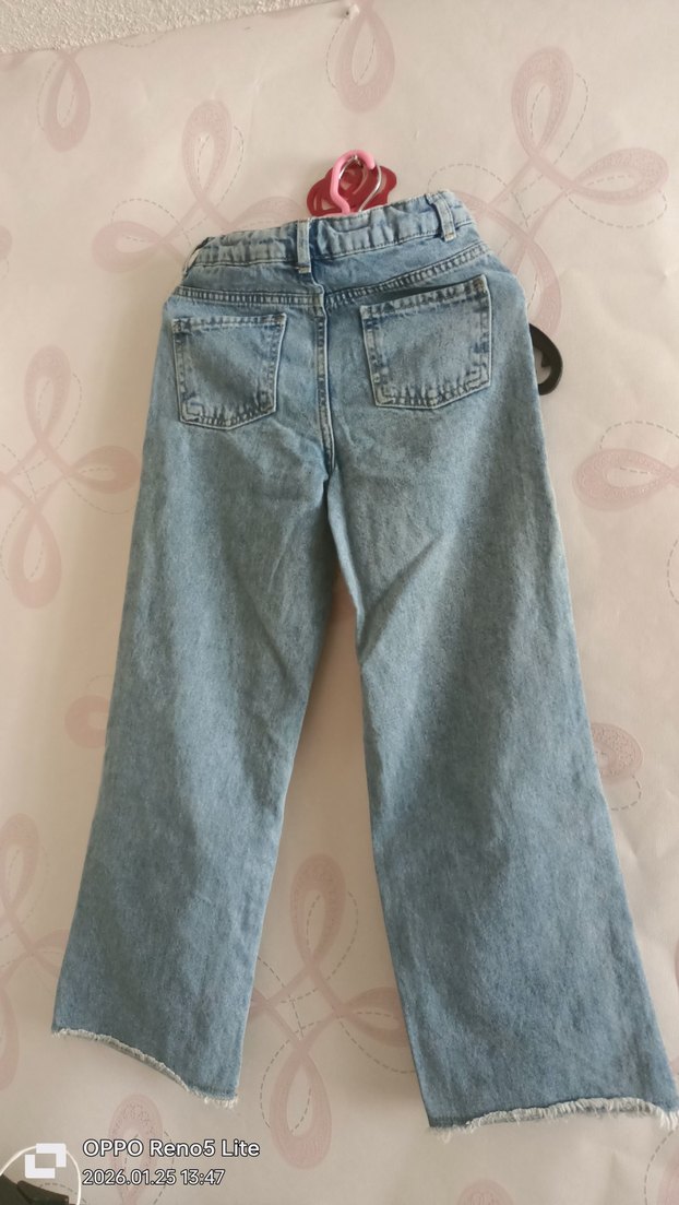 Kadın Pastel Mavi Yırtık Bol Kesim Denim Pantolon - Görsel 5
