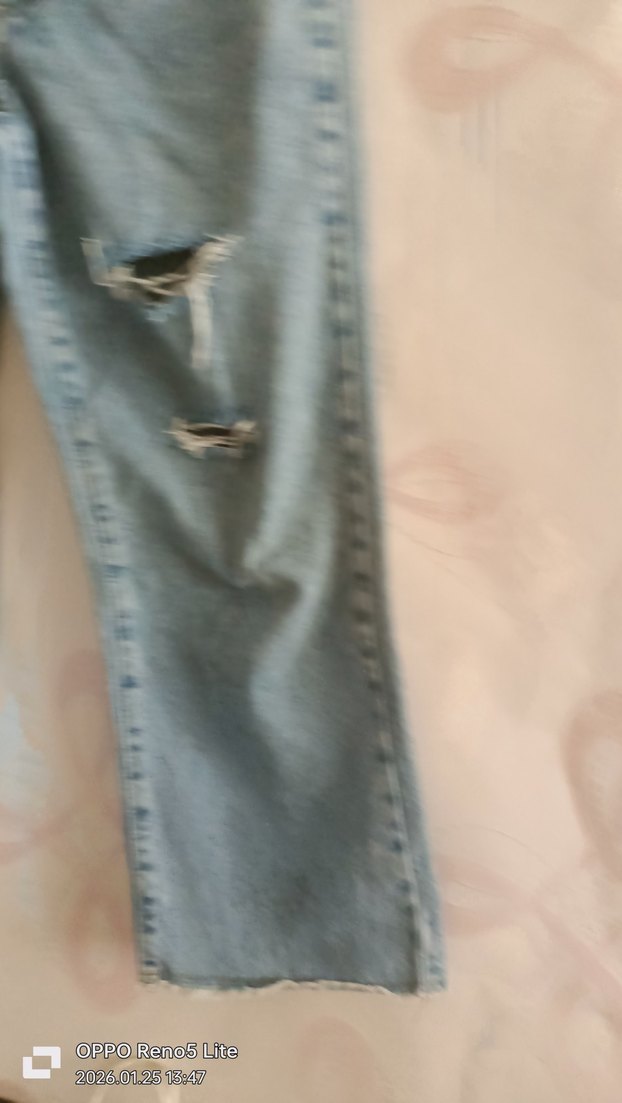 Kadın Pastel Mavi Yırtık Bol Kesim Denim Pantolon - Görsel 4