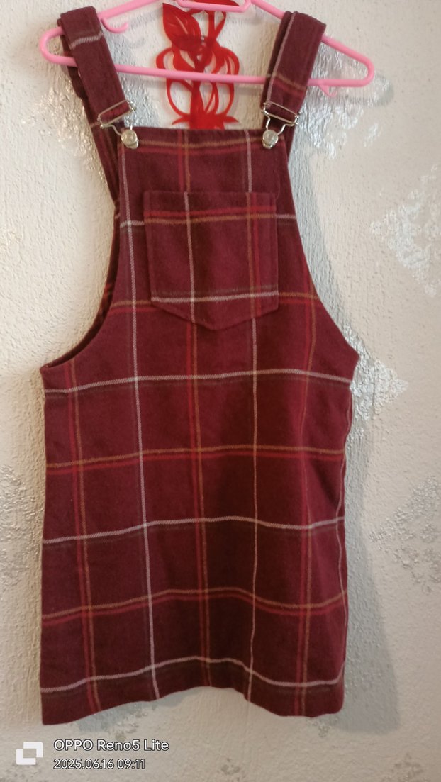 Bordo Ekose Mini Askılı Kısa Tulum - Görsel 3