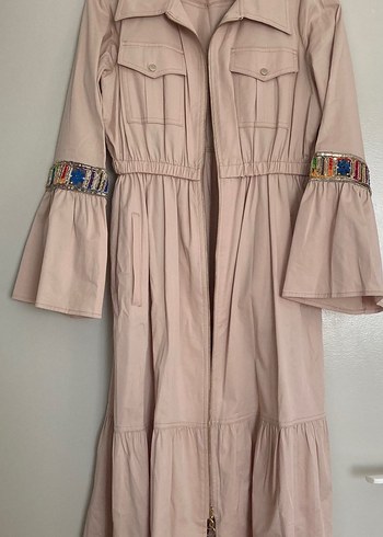 Boncuk İşlemeli Bej Uzun Bohem Trençkot - Görsel 2