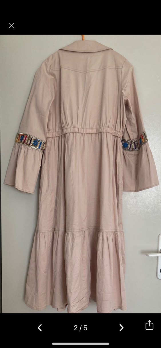 Boncuk İşlemeli Bej Uzun Bohem Trençkot - Görsel 3