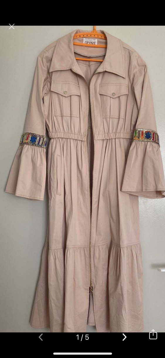 Boncuk İşlemeli Bej Uzun Bohem Trençkot - Görsel 2