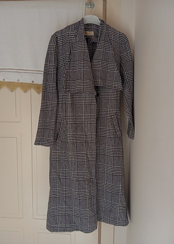 Gri Ekose Desenli Uzun Kadın Kaban - Görsel 3