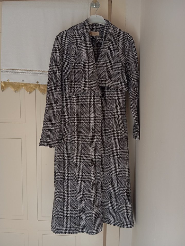 Gri Ekose Desenli Uzun Kadın Kaban - Görsel 3