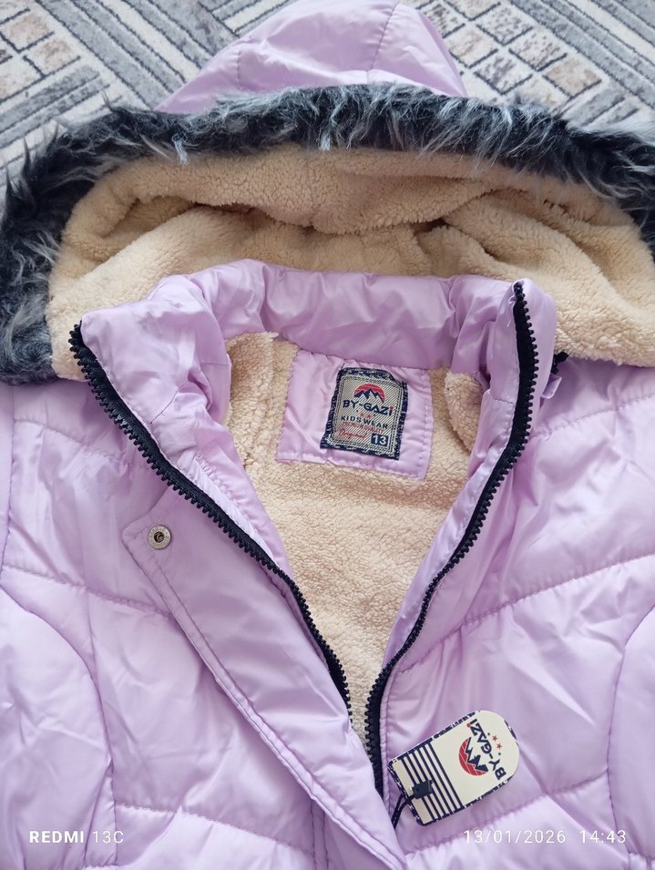 Kürklü Kapüşonlu lila Kız Mont - Görsel 2