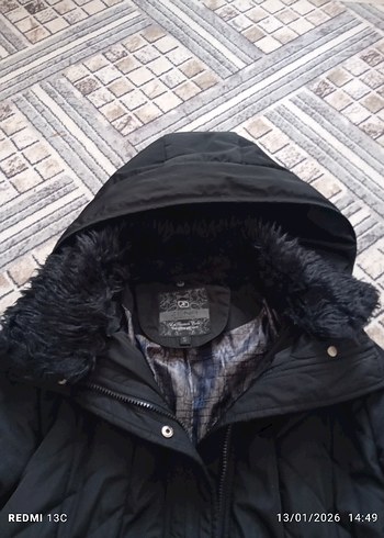 Siyah Kadın Midi mont, Kürklü Kapüşonlu - Görsel 3