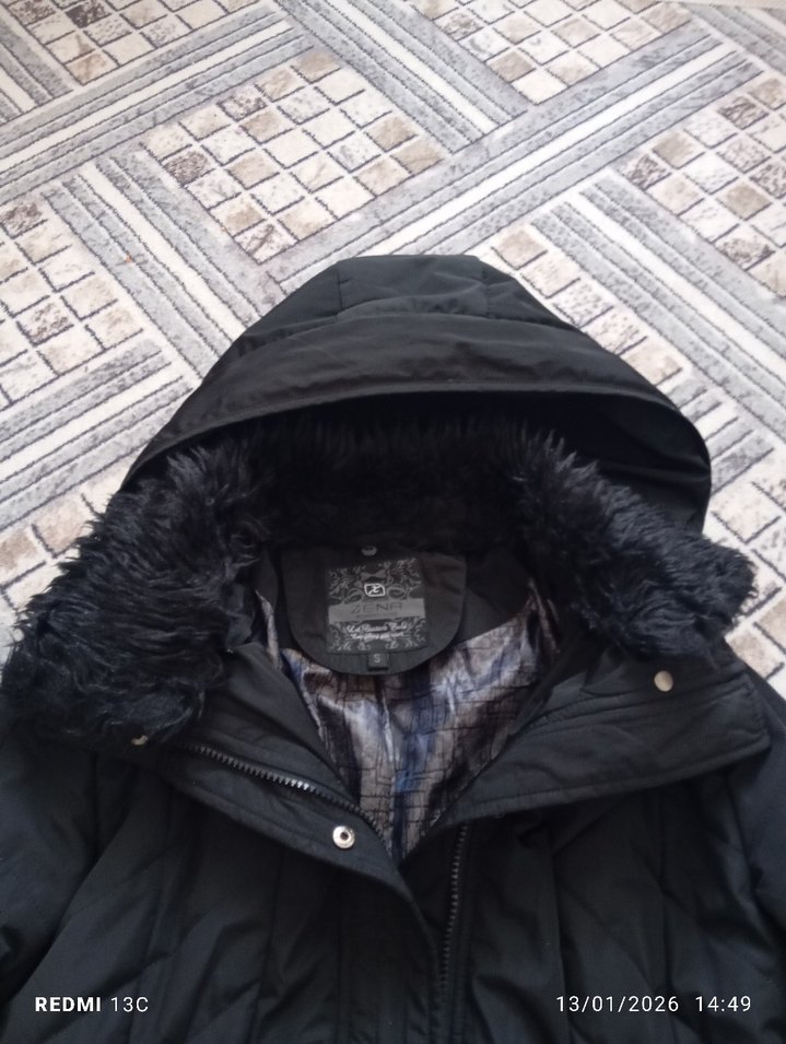 Siyah Kadın Midi mont, Kürklü Kapüşonlu - Görsel 3