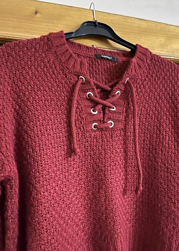 Bordo Triko Bağcıklı Kadın Kazak - Görsel 4