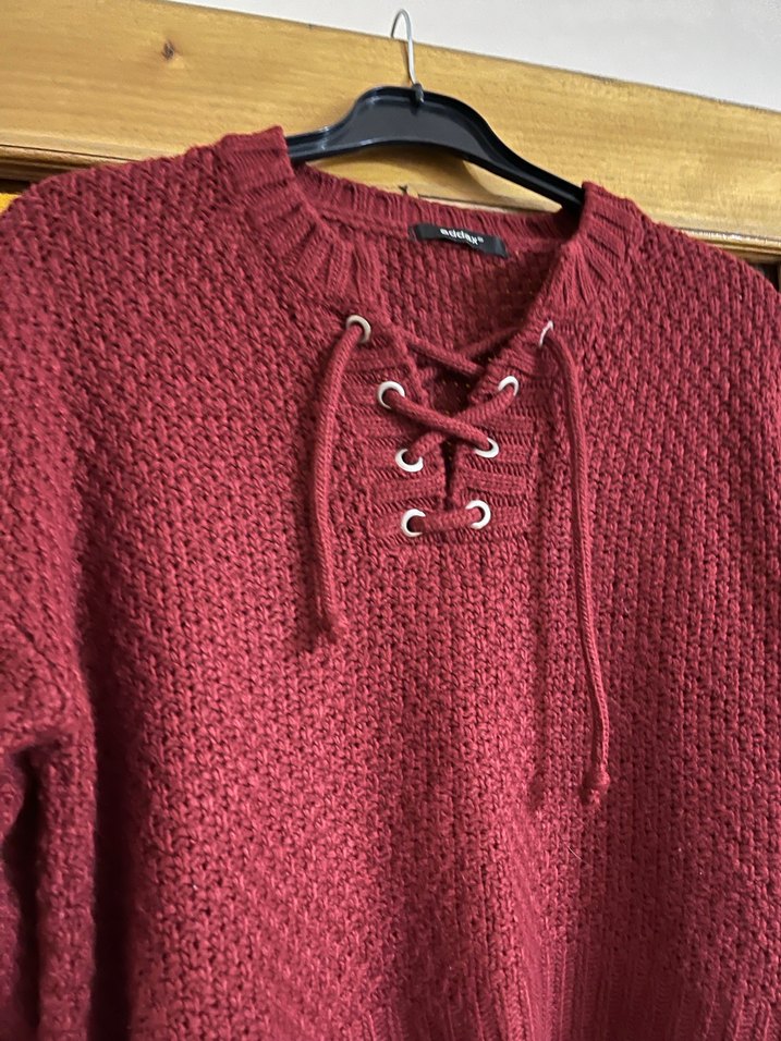 Bordo Triko Bağcıklı Kadın Kazak - Görsel 4