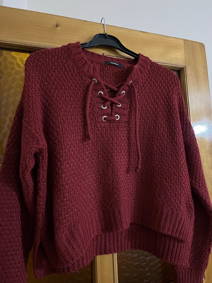 Bordo Triko Bağcıklı Kadın Kazak - Görsel 3