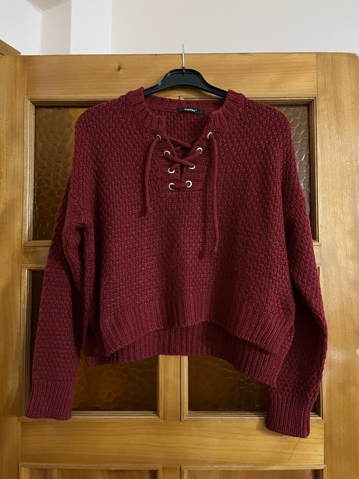 Bordo Triko Bağcıklı Kadın Kazak - Görsel 2