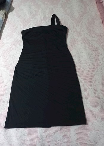 Tek Omuzlu Siyah Midi Elbise saten - Görsel 2