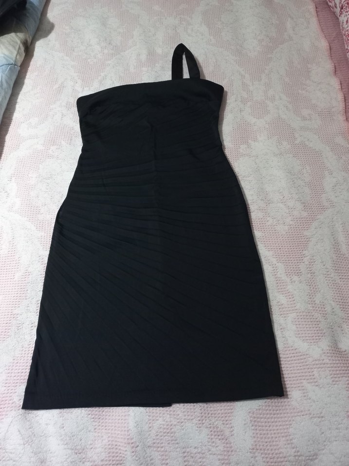 Tek Omuzlu Siyah Midi Elbise saten - Görsel 2