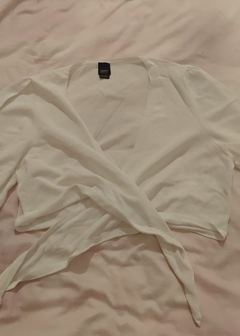 Beyaz V Yakalı Uzun Kollu Keten bolero - Görsel 3