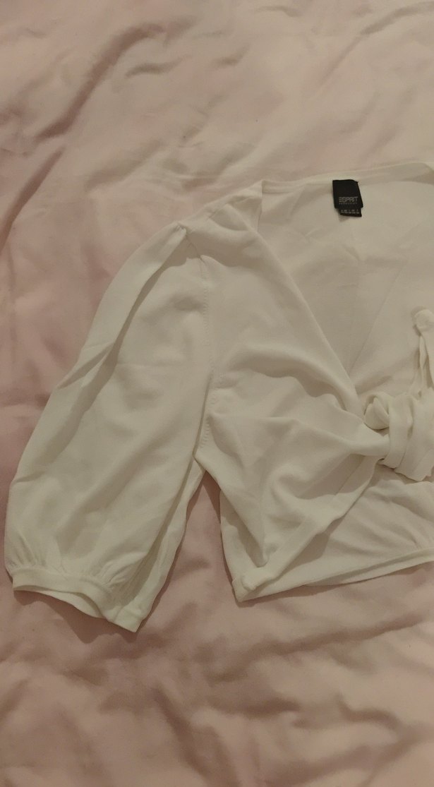 Beyaz V Yakalı Uzun Kollu Keten bolero - Görsel 2