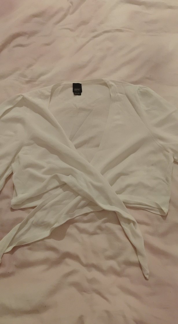 Beyaz V Yakalı Uzun Kollu Keten bolero - Görsel 3