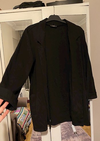 m Beden Drapeli Siyah Kadın Keten Blazer