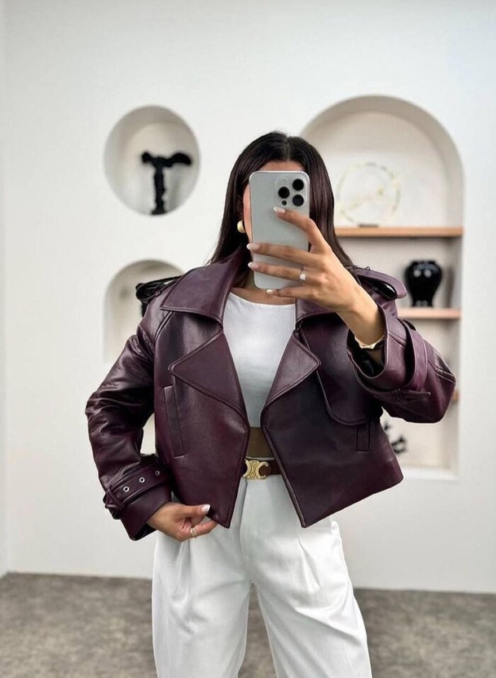 Bordo Kemerli Kısa Deri Ceket - Görsel 2