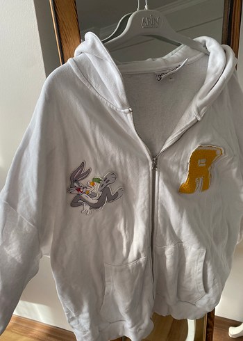 Beyaz Kapüşonlu Fermuarlı Rahat hırka - Görsel 3