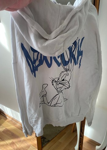 Beyaz Kapüşonlu Fermuarlı Rahat hırka - Görsel 5