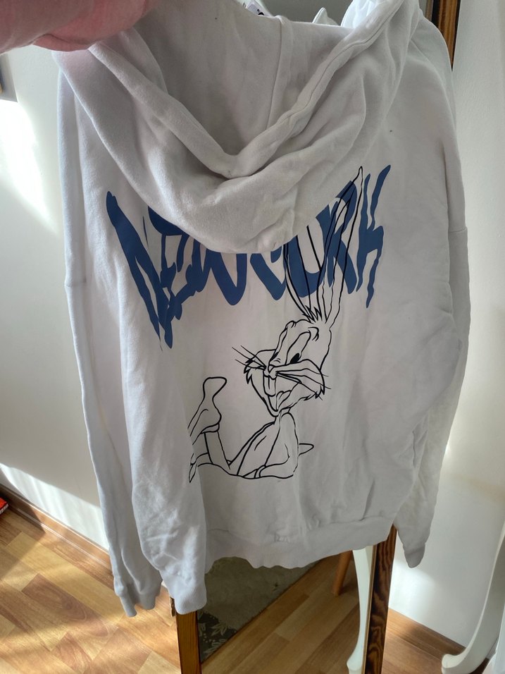 Beyaz Kapüşonlu Fermuarlı Rahat hırka - Görsel 5