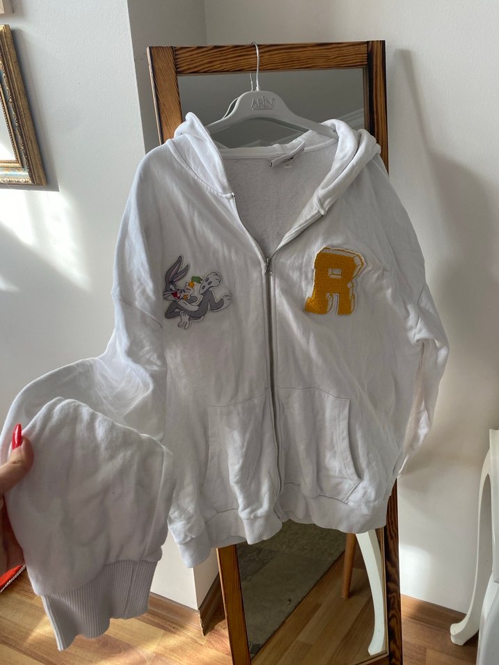 Beyaz Kapüşonlu Fermuarlı Rahat hırka - Görsel 2