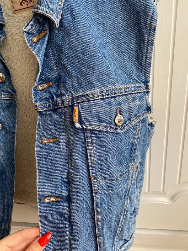 Düğmeli Mavi Kadın Kot Yelek - Görsel 4