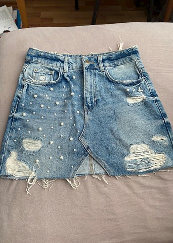 Boncuklu Nakışlı Mavi Mini Kot Etek - Görsel 2