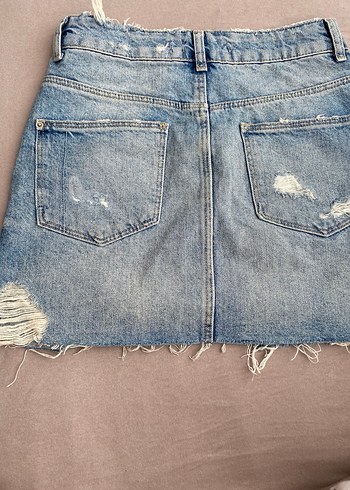 Boncuklu Nakışlı Mavi Mini Kot Etek - Görsel 6