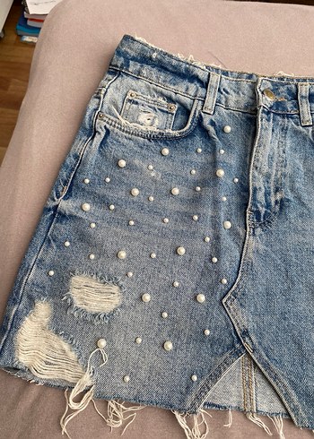 Boncuklu Nakışlı Mavi Mini Kot Etek - Görsel 5