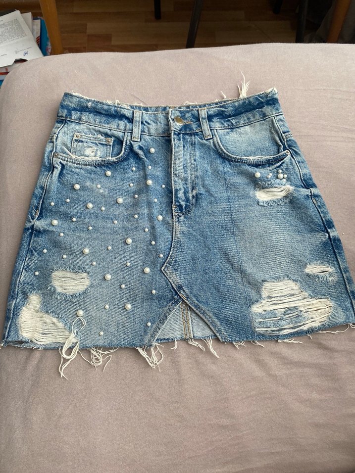 Boncuklu Nakışlı Mavi Mini Kot Etek - Görsel 2