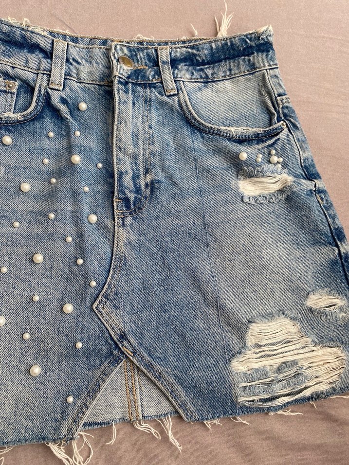 Boncuklu Nakışlı Mavi Mini Kot Etek - Görsel 4
