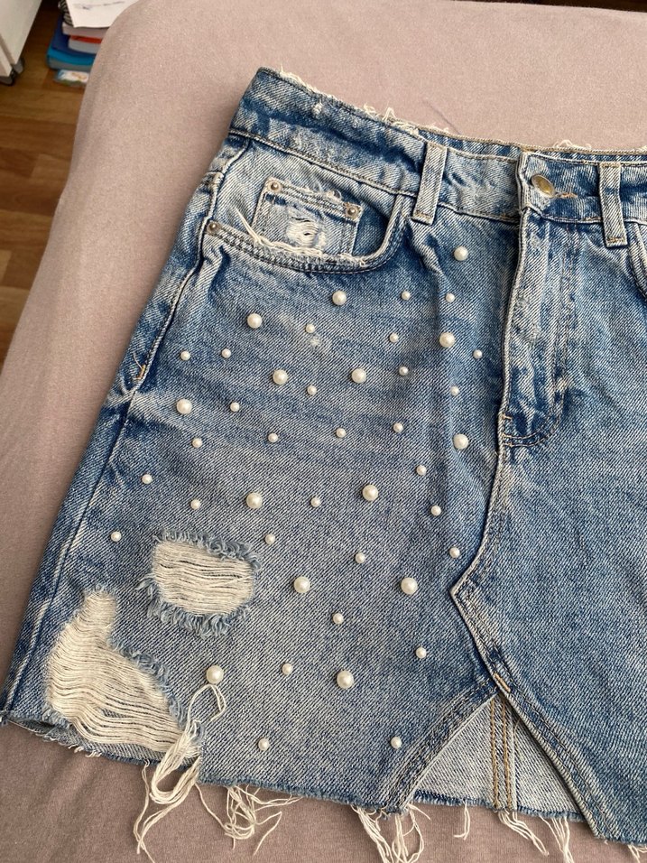 Boncuklu Nakışlı Mavi Mini Kot Etek - Görsel 5