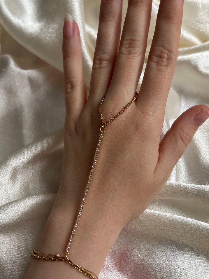 Gümüş Taşlı Altın Renk Kadın El Zinciri Çelik Şahmeran - Görsel 3