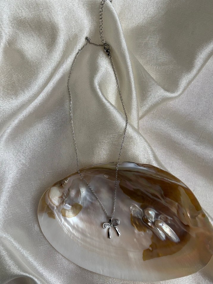 Gümüş Parlak Fiyonk Detaylı Midi Çelik Kolye - Görsel 2